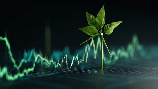 Growth Concept: A vibrant green plant sprouts from a dynamic stock chart, symbolizing sustainable economic expansion and the symbiotic relationship between business and the environment.