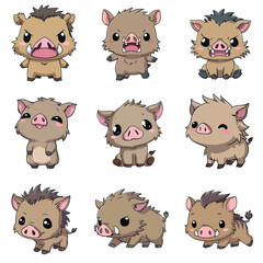 Set Icon of Wild boar kawaii minimal flat