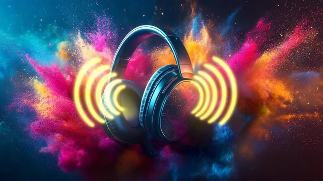 Wireless headphones with glowing neon light surrounded by colorful powder explosion creating futuristic audio design stylish sound technology vibrant digital entertainment concept for advertising idea