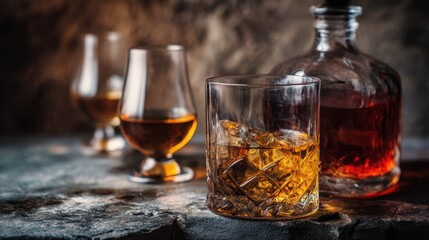 Fototapeta premium Whiskey is poured into a glass with ice cubes. There are additional glasses and a bottle on a dark stone surface. A warm light highlights the scene.