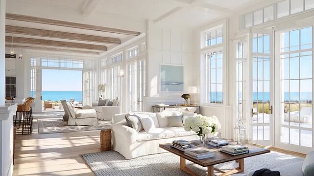 Coastal Haven: A sun-drenched, airy living area offers an elegant, cozy coastal experience, with plush furnishings and expansive windows, all set against a tranquil seaside background.