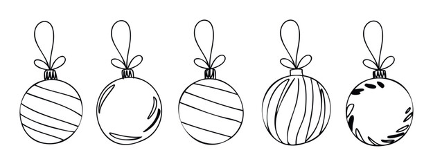 A collection of simple line drawn Christmas baubles featuring various patterns, perfect for holiday season decorations, greeting prints, festive invitations, or seasonal event designs.