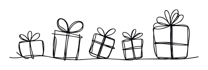 Monoline drawing of various sized present boxes with ribbons and bows arranged in a festive row perfect for special occasion invitations, seasonal promotions, and greeting cards for joyful