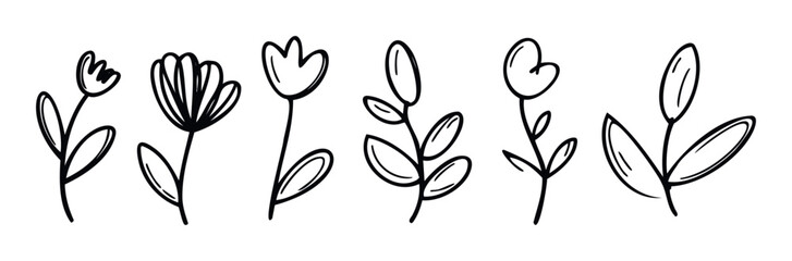 Hand drawn floral outlines and delicate botanical branches create a charming and versatile collection suitable for spring celebrations, visual graphics, textile prints, and stationery