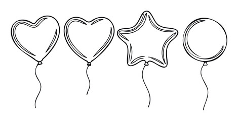 Minimalist line drawing of balloons in heart, star, and circular shapes, ideal for festive greeting cards, party announcements, romantic event promotions, or kidfriendly celebration designs.