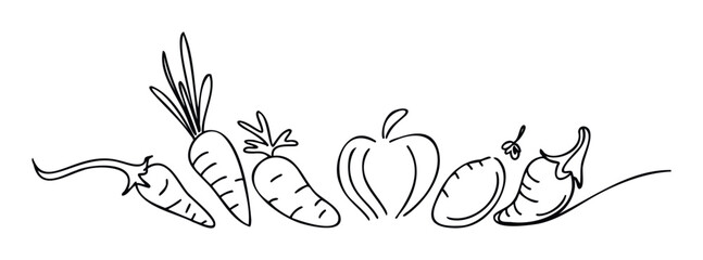 Minimalist continuous line drawing depicting a variety of organic vegetables like carrots, bell peppers, and chili peppers, perfect for healthy eating guides or culinary related promotions.