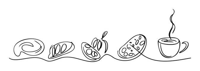 Continuous line drawing of various bakery items and a steaming coffee cup perfect for cafe menus restaurant branding food packaging and culinary blog content
