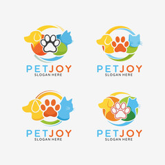 Colorful Pet Care Logo Set with Dog Cat and Paw Print for Veterinary and Pet Shop Branding