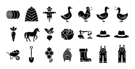 Assortment of black glyph icons representing farming and agriculture elements such as domestic animals, fresh produce, essential tools, and farmer attire for educational or branding uses