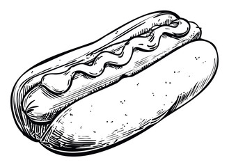 Vintage hand drawn style hot dog sandwich with sauce in a bun, ideal for fast food promotions, diner graphics, or retro themed eating establishments.