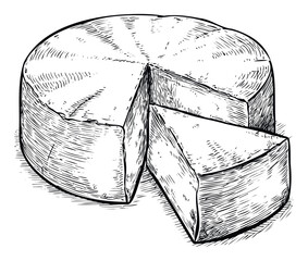 Classic hand drawn style black and white engraving of a delicious round cheese wheel with one wedge removed, perfect for food packaging, restaurant menus, or dairy product advertisements.
