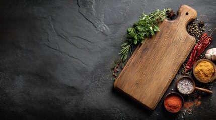 Fresh herbs spices and garlic surround a wooden cutting board on a dark stone surface. This scene shows ingredients ready for preparation in a kitchen.