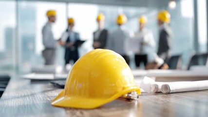 Construction Team Collaboration: A focused group of engineers gathers around a table, while a hard hat signifies the core of teamwork and meticulous planning for a new project.