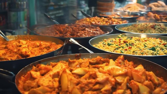 Dynamic Close-up of Steaming Hot Indian Cuisine Buffet at a Bustling Food Market Stall