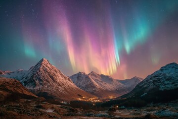 Obraz premium Breathtaking Northern Lights Over Snow-Capped Mountains and a Serene Valley at Night, Capturing Nature's Vibrant Colors in a Majestic Winter Landscape
