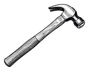 A detailed black and white etching style drawing of a traditional claw hammer, useful for construction business marketing, handyman service advertising, or DIY workshop and home improvement