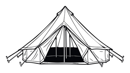Black and white line drawing depicting a traditional bell tent, suitable for outdoor living campaigns, travel brochures, wilderness exploration guides, or nature retreat promotions