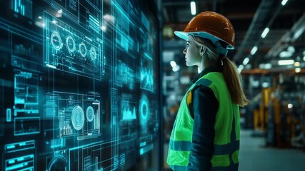 In a futuristic industrial setting, a female engineer analyzes data efficiency innovation. With sleek helmet and hightech vest, she navigates workflows, assuring safety and creating advanced solutions - Powered by Adobe