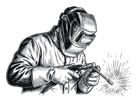 A skilled welder in a protective mask and gloves performs welding tasks, producing bright sparks, ideal for illustrating industrial work, manufacturing, and construction sector visuals.