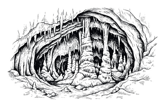 Underground cave scene with geological formations like stalactites and stalagmites for nature exploration, educational materials, or adventurous publications