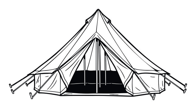 Black and white line drawing depicting a traditional bell tent, suitable for outdoor living campaigns, travel brochures, wilderness exploration guides, or nature retreat promotions