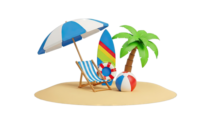 Tropical Beach Scene with Deck Chair, Surfboard, and Palm Tree