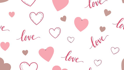 Seamless pattern of pink hearts and love text on white background.