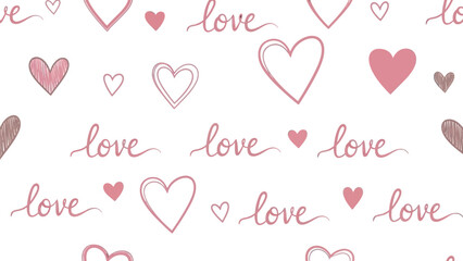 Hand drawn red hearts and love text on white background.