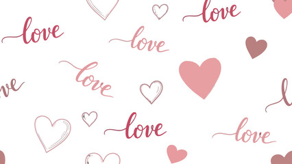 Romantic seamless pattern with hearts and love text.
