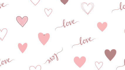 Seamless pattern of pink hearts and love text on white background.