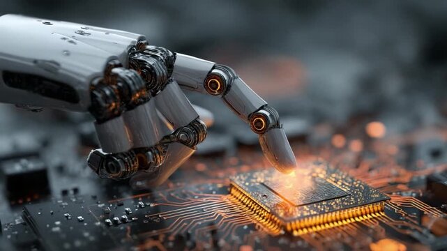 Technological Touch: A robotic hand delicately interacts with a complex circuit board, symbolizing innovation in the digital world.