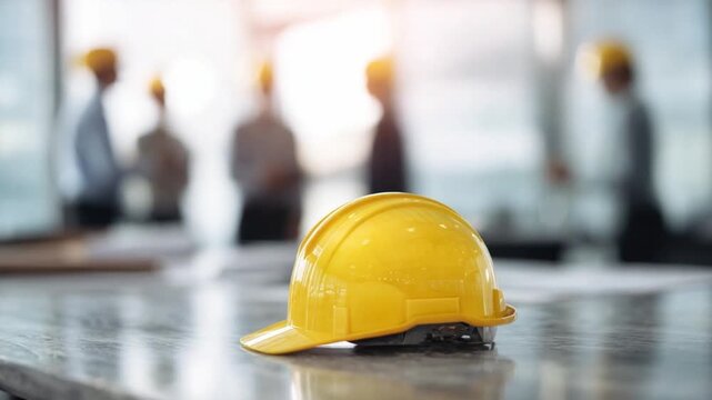 Construction Site Safety: A bright yellow helmet rests prominently, symbolizing construction site safety, with a team of construction workers in the blurred background. It represent industry.