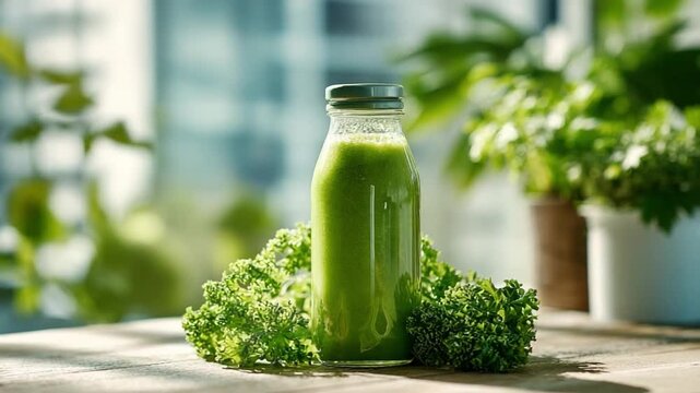 Green Wellness Elixir: A vibrant glass bottle holds a refreshing green smoothie, its rich hue contrasting against a backdrop of lush greenery.