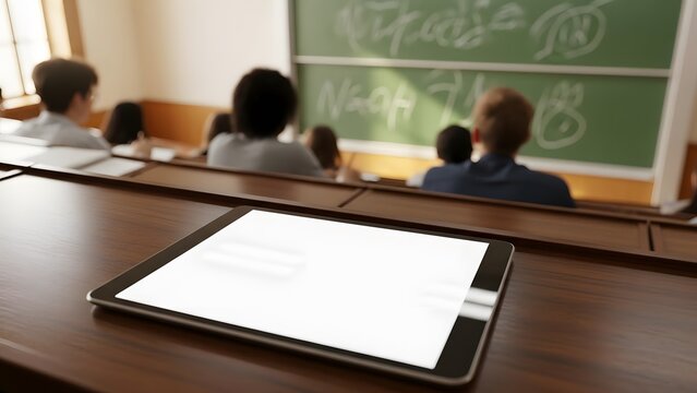 Tablet on a wooden desk in a modern university lecture hall with students