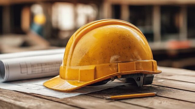 Construction Zone Essentials: A close-up view of an important work scene. An essential yellow hardhat rests on a wooden table, accompanied by construction plans and a pencil.