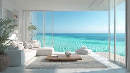 Coastal Haven: Serene living area with a panoramic view of the turquoise ocean, the space exudes tranquility, light, and modern elegance. 