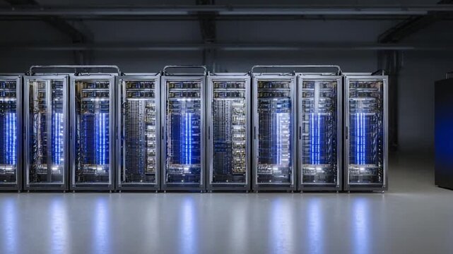 Server Farm Array: An array of powerful servers with glowing blue lights stands ready, showcasing advanced technology in a secure data center.