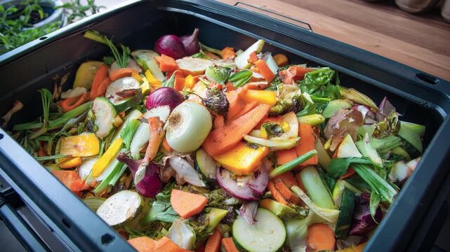 Composting Kitchen Scraps: An assortment of vegetable and food scraps gathered for composting. High angle shot.