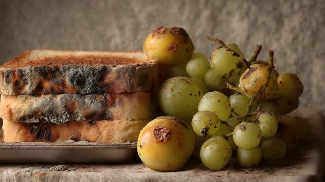 Still Life of Toast, Apples, and Grapes: A rustic still life composition showcases a stack of perfectly toasted bread slices, accompanied by fresh, golden apples.