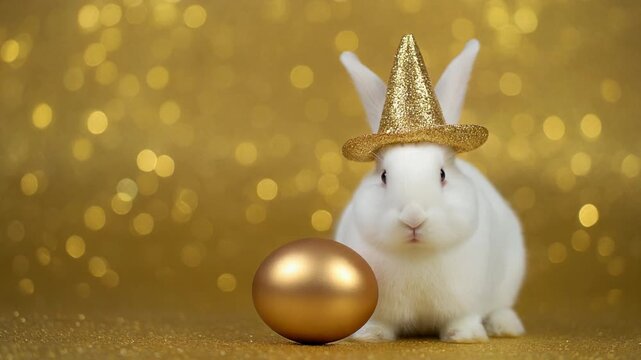 White Easter bunny wearing hat with a big golden egg on gold bokeh background.