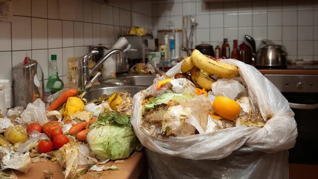 Overflowing Kitchen Waste: Overfilled waste bin brimming with kitchen scraps and vegetable trimmings, emphasizing the urgent need for mindful waste management and responsible practices.