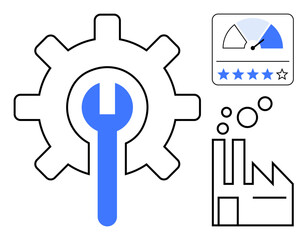 Obraz premium Industrial maintenance concept. Gear and wrench symbols for machinery upkeep, paired with icons quality assurance and factory production. For manufacturing, maintenance, production, quality control