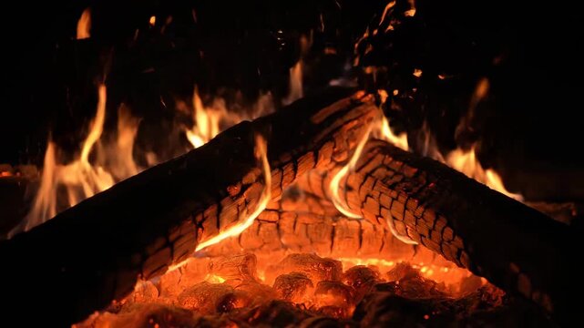 Glowing embers and charred logs cradle flickering orange flames that dance against deep darkness ...