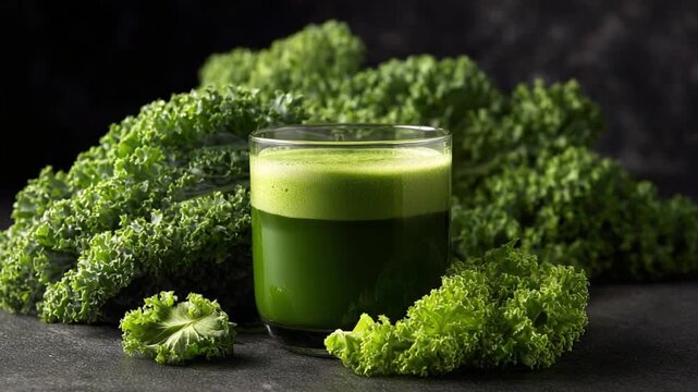 Kale Juice: A refreshing glass of vibrant kale juice, surrounded by fresh, leafy kale. A visual ode to health, wellness, and the power of greens.