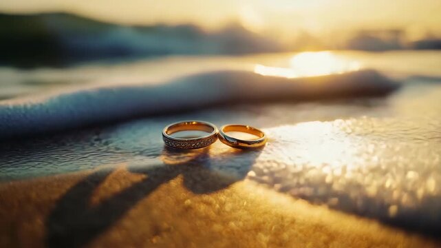 Golden wedding rings on beach sand glowing in sunset light near ocean waves symbolizing eternal love, marriage, romance, devotion, anniversary, lifestyle, couple, luxury, and romantic celebration