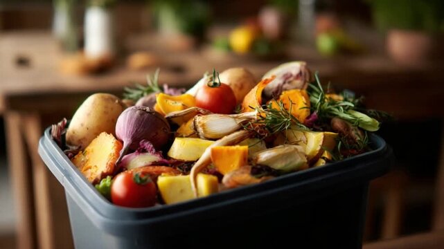 Composting Organic Food Waste: A close-up view of a compost bin overflowing with an assortment of food scraps and organic matter, highlighting sustainable practice.