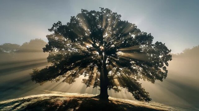 Tree of Light: The sun's radiant rays pierce through the dense canopy of a majestic oak, illuminating the landscape and evoking a sense of wonder and tranquility.