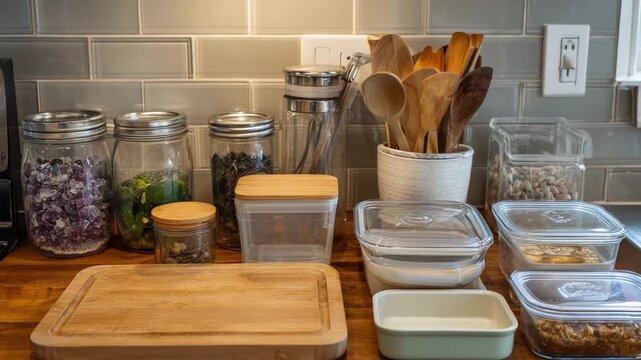 Kitchen Essentials Showcase: A carefully arranged collection of jars and containers, showcasing a diverse array of culinary staples and tools amidst a warm, inviting kitchen ambiance.