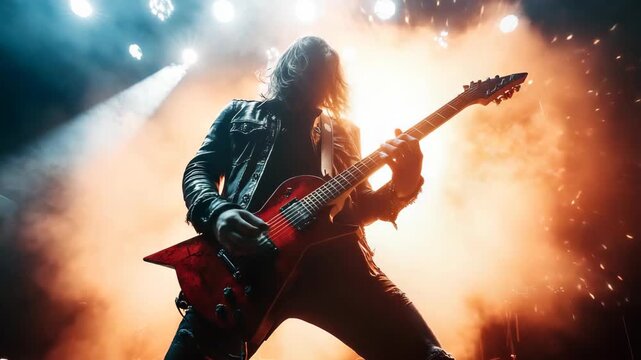 A dynamic rock guitarist performs live on stage under glowing lights, surrounded by energy, passion, music atmosphere, symbolizing creativity, entertainment and the dramatic essence of concert culture
