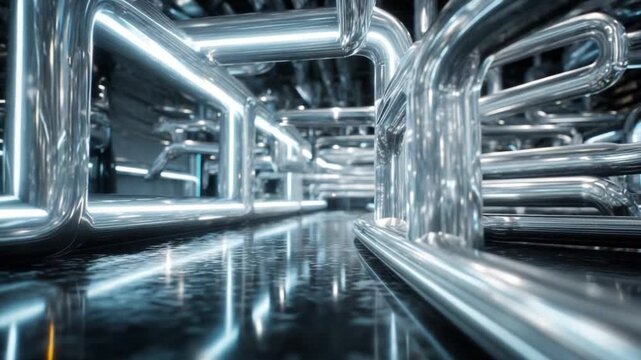 Industrial Maze: A complex network of gleaming, metallic pipes and conduits weave through a modern industrial setting, with reflections adding depth and dimension.